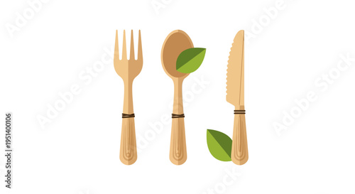 Wooden Handle Utensil Set With Leaves. Vector Illustrations. EPS Editable