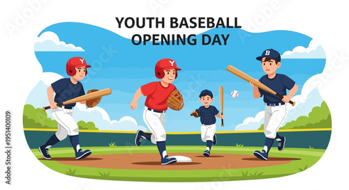 Youth Baseball Players Opening Day. Vector Illustrations. EPS Editable