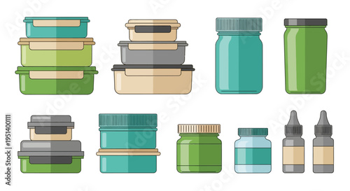 Assorted Storage Jars And Bottles Close Up. Vector Illustrations. EPS Editable