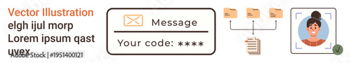 Data security, user authentication, communication, digital workflow, verification, technology integration. Icons include a message box, verification code file sharing and user profile. Data