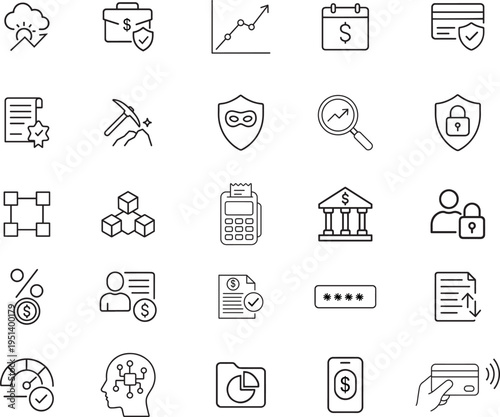 Business vector icon set, briefcase, graph, calendar, credit card, document, mining, mask, magnifying glass, padlock, blockchain, POS, bank, user, percentage, password, AI, data, payment