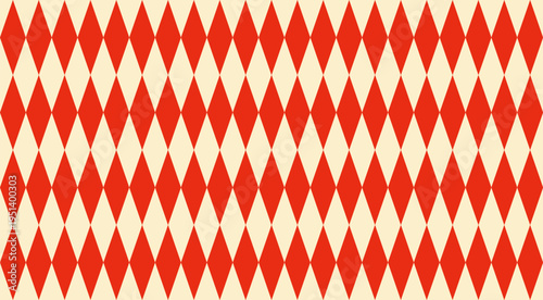 Classic harlequin pattern with red and white diamond shapes creates a timeless circus inspired background. Seamless geometric texture perfect for vintage carnival designs and festive prints.