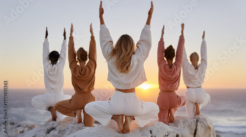 A group of people does yoga with raised arms on a rock by the sea.