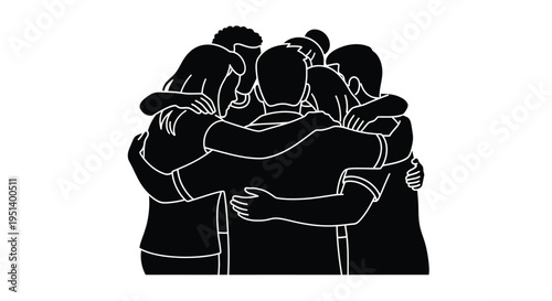 Group of people embracing in a tight huddle black outline silhouette