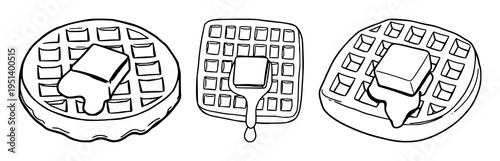Belgian waffle set with flat 2D illustration on white background featuring Belgian waffle, butter cube, breakfast with flat 2D illustration and simple lines