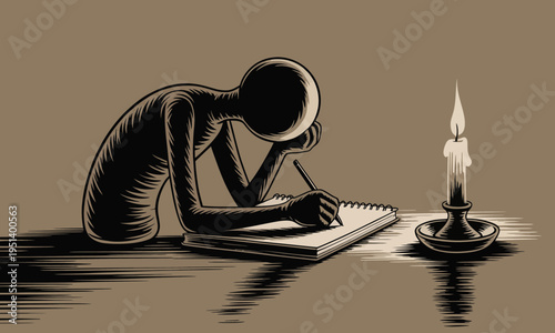 Person Writing in a Notebook by Candlelight Woodcut Illustration