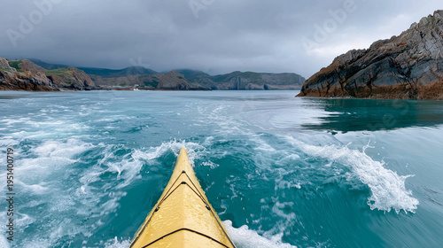 The bow of a yellow kayak cuts through blue water among spray and rocks.