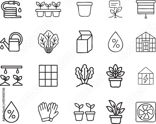 Gardening vector icon set, hose, seedling tray, pot, sprout, window shade, watering can, lettuce, box, humidity, greenhouse, irrigation, grid, plant, cultivation house, gloves, fan