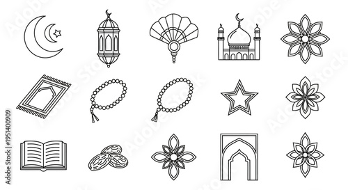 Collection of Islamic culture icons including mosque, prayer mat, lantern, rosary beads, and star, offering a glimpse into religious traditions and symbols