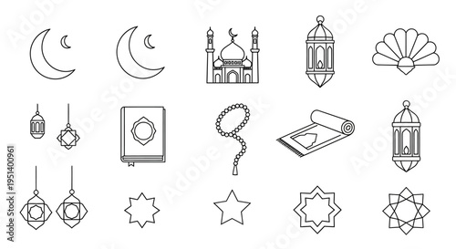 Minimalist black outline vector icons representing essential Islamic culture and religious traditions, ideal for Ramadan and Eid designs and graphics