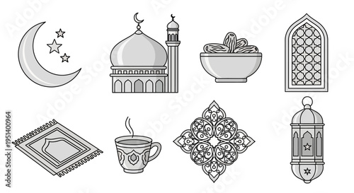 Monochromatic vector icons representing Islamic culture and traditions like Ramadan, featuring essential elements such as dates, mosque, and lantern for holy celebrations