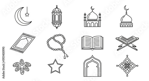 Minimalist outline vector icons representing Islamic traditions and religious symbols for Ramadan and Eid celebrations, including mosque, crescent, and prayer essentials