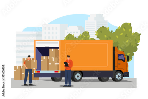 Delivery workers loading boxes into a truck in flat graphic style on an urban setting, transportation concept. Vector illustration