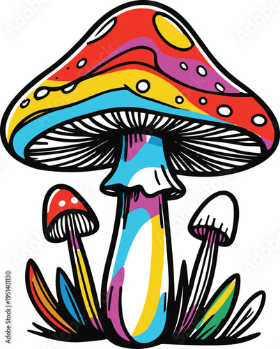  Colorful bold line art sticker of a mushroom with lopsided cap, imperfect proportions, doodle style, white background