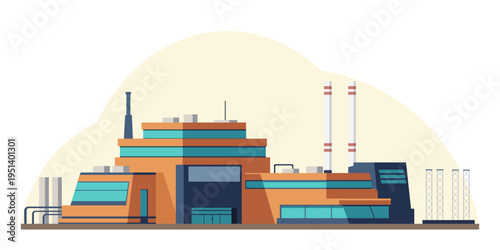 Modern factory complex in flat style on light background representing industrial production and technology. Vector illustration