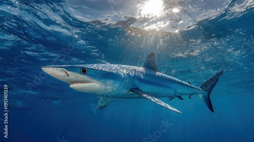 Wallpaper Mural Blue shark swimming near surface in sunlit open ocean Torontodigital.ca