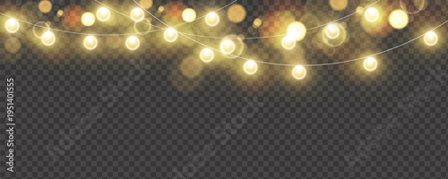 Festive glowing Christmas lights isolated on transparent layer for holiday designs