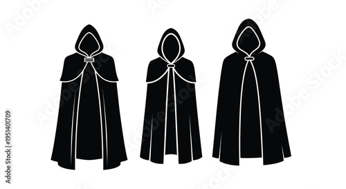 Three hooded cloaks displayed in a stark black graphic silhouette