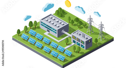Isometric illustration of a sustainable industrial complex with solar panels and power lines on a green landscape