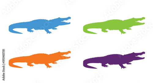 Colorful crocodile silhouettes displayed in a simple graphic composition silhouette