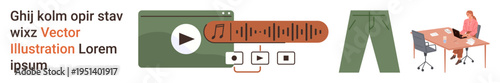 Multimedia usage, remote work, fashion design, content creation, audio playback, illustrations. Features a media player, audio track element green pants and a person at a workstation. Multimedia