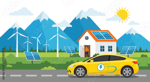 Flat illustration of a yellow electric car driving past a house with solar panels and wind turbines in a green landscape with mountains.