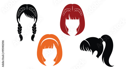 Four female hairstyles depicted with vibrant colors and bold silhouette