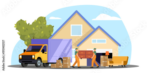 Workers carrying furniture near house with flat style on outdoor background showing moving concept. Vector illustration