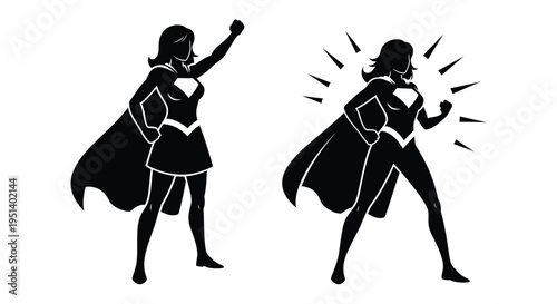 Two heroic women in dynamic poses a striking black silhouette