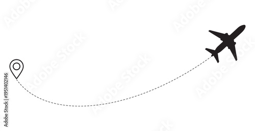 Cuadro en lienzo Airplane flight path line, map pin marker, travel route concept, destination location icon, dashed flight line, aviation travel icon, airplane vector, vacation planning graphic, logistics tracking