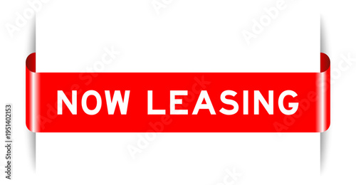 Red color inserted label banner with word now leasing on white background