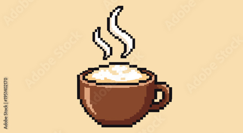 Brown ceramic coffee cup with steam.