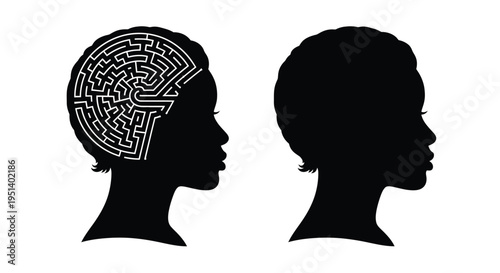 Human heads one with a maze inside depicted as a silhouette