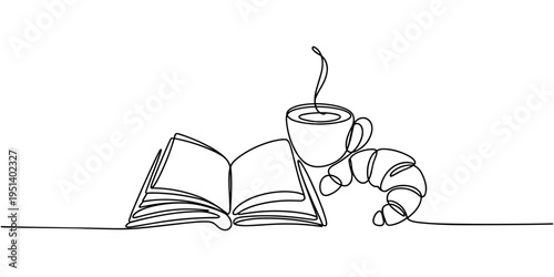 Continuous line drawing of book and coffee and croissant , vector illustration, one line