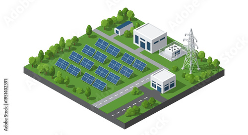 Isometric 3D illustration of a solar farm with blue panels and white buildings on a green field with trees and power lines.