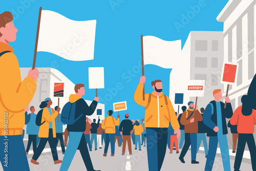 Illustration Of Demonstrators Gathered In Front Of Parliament, Carrying Flags And Posters Vector Design Template