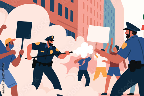 Illustration Of A Police Officer Firing Tear Gas To Disperse Demonstrators Vector Design Template