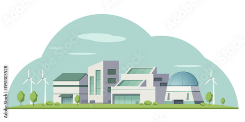 Modern eco factory buildings with wind turbines in flat style on green background for sustainable energy. Vector illustration