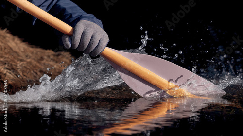 A paddle cuts through dark water near a rock, sending up spray.