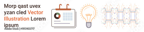 Project planning, innovation, technology, business strategy, creative ideas, and development. Calendar icon, lightbulb symbol circuit design graphics. Project planning and innovation concepts