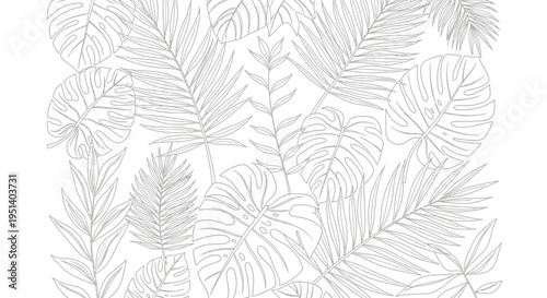 Tropical Leaves Pattern - Outline Vector Illustration, Exotic Botanical Design