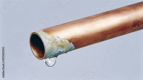 A copper pipe with corrosion holds a large water drop.
