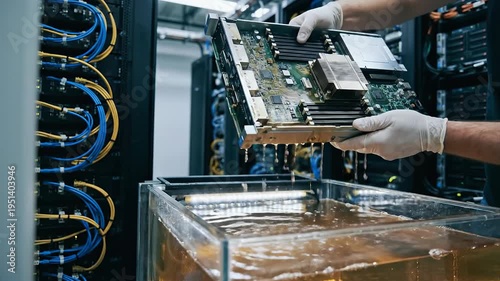 Data center liquid immersion cooling technology reduces energy consumption as technician carefully lowers powerful server hardware and electronic components into transparent dielectric fluid tank