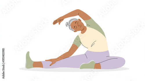 Elderly woman stretching in a yoga pose promoting active senior lifestyle and wellness flat vector illustration on white background