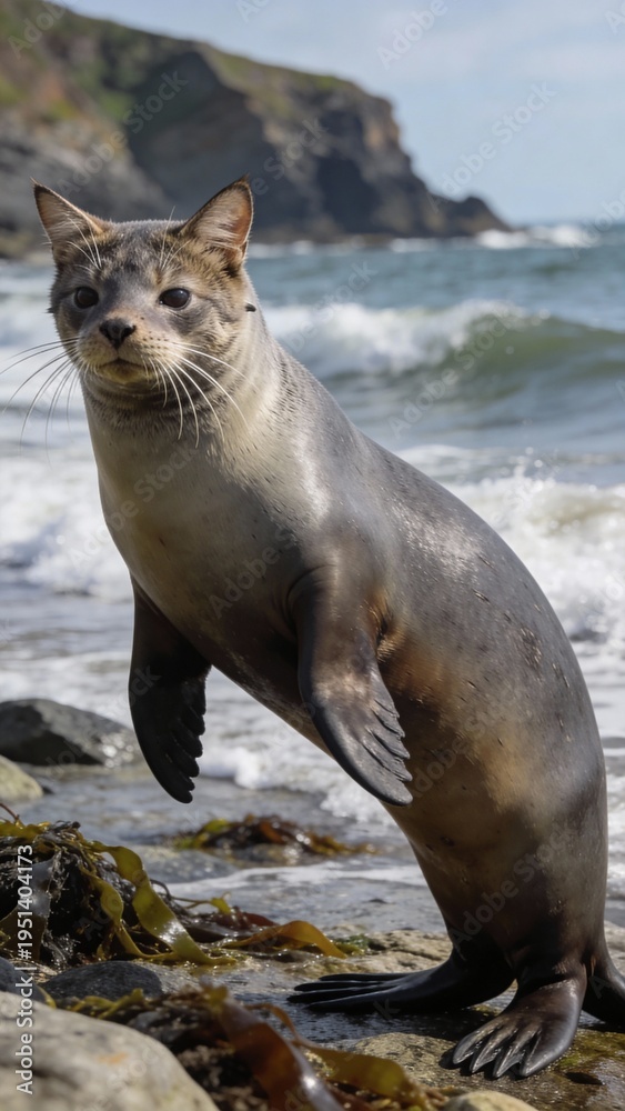 Fototapeta premium Curious seal pup standing on rocky shore near ocean waves under bright sunlight with dramatic cliffs backdrop