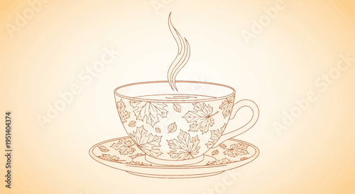 Autumn Leaf Pattern Tea Cup with Steam and Saucer, Outline Drawing