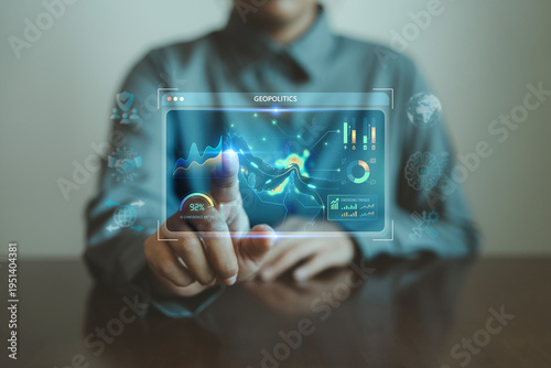 Obraz na płótnie User analyzing a geopolitical map and AI confidence metrics for regional securit