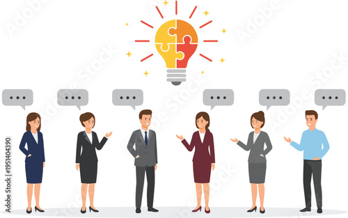 Diverse business team of professionals collaborating under a giant puzzle piece lightbulb for teamwork and innovative idea generation