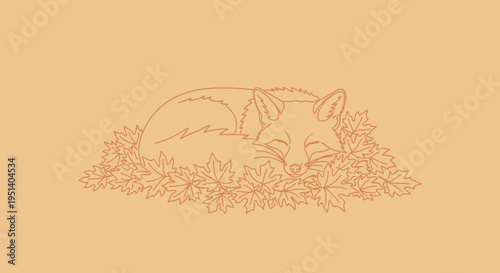 Sleeping Fox Illustration on Autumn Leaves - Minimalist Line Art