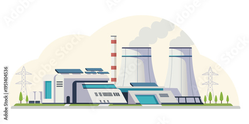 Industrial power factory with cooling towers in flat style on light background symbolizing energy production. Vector illustration